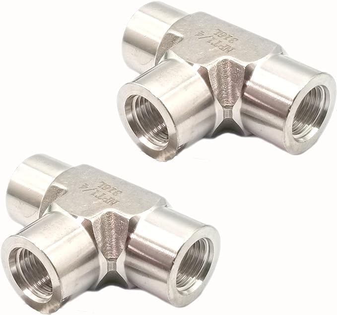 Equal Tee block SS304 with 3 Female NPT FNPT 1/4" 0.25" connections, threaded holes, stainless steel 304 forged pipe fittings,1/4" x 1/4" x 1/4" FNPT (Pack of 2pcs)